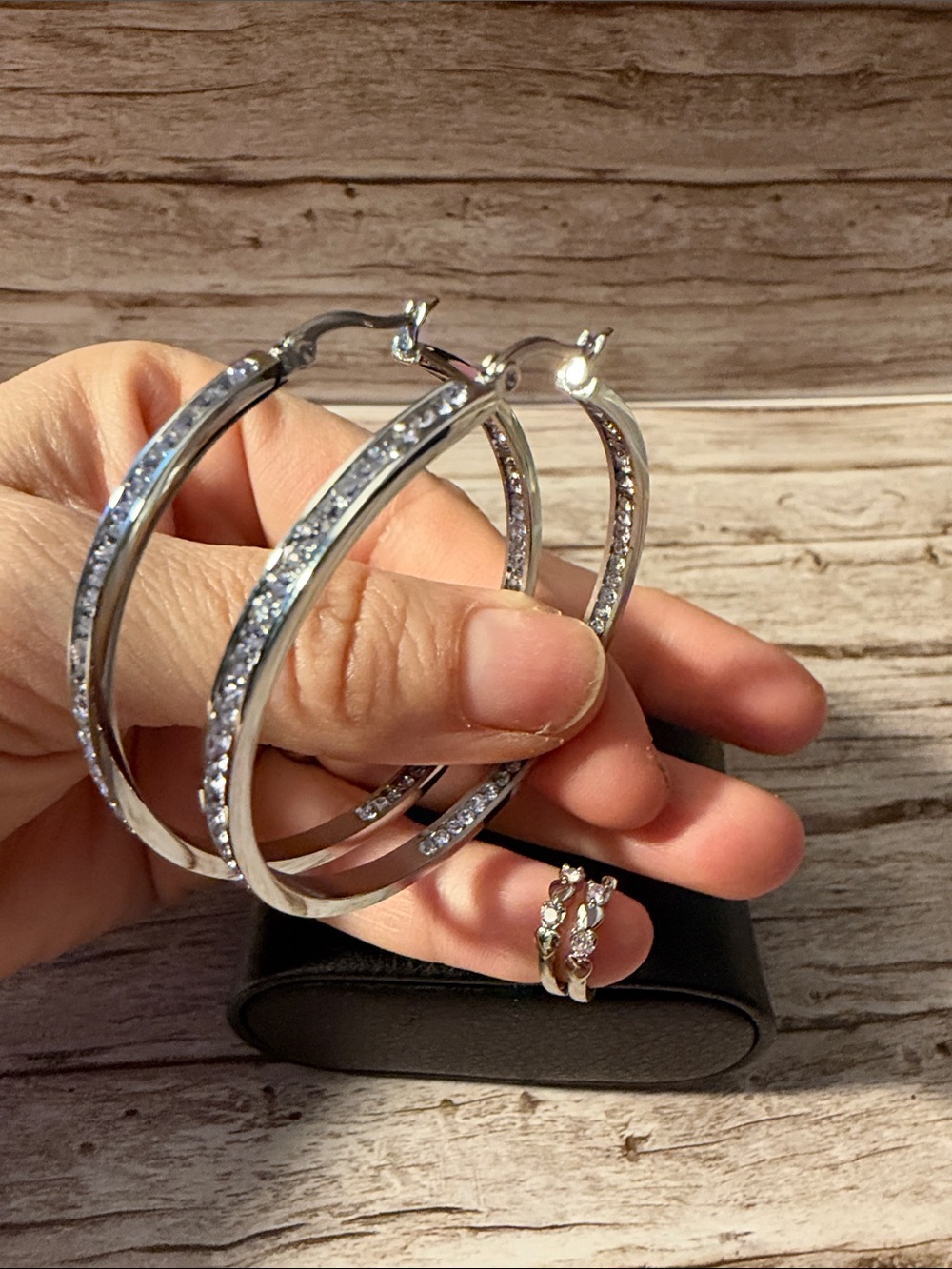 2 Sets Silver Crystal-Accent Hoop Earrings - & small Huggie Earrings Women